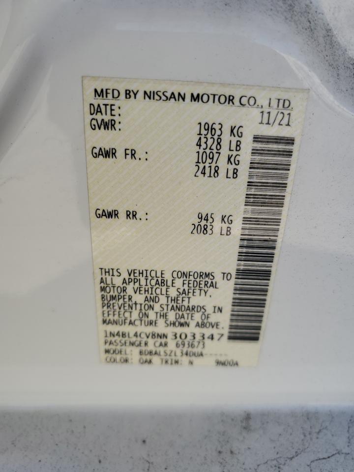 2022 NISSAN ALTIMA SR VIN:1N4BL4CV8NN303347