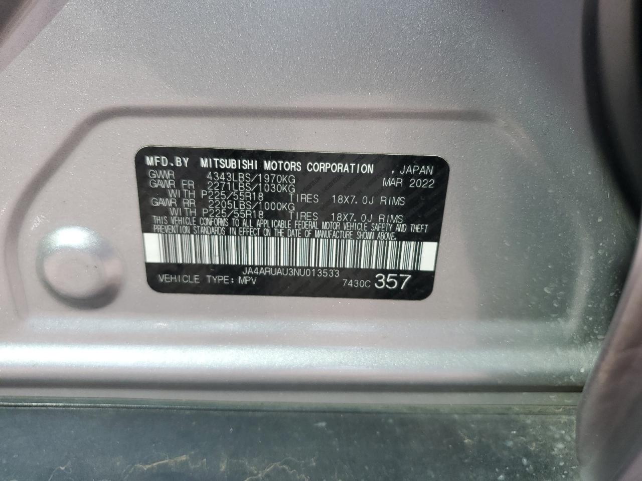 2022 MITSUBISHI OUTLANDER SPORT ES VIN:JA4ARUAU3NU013533