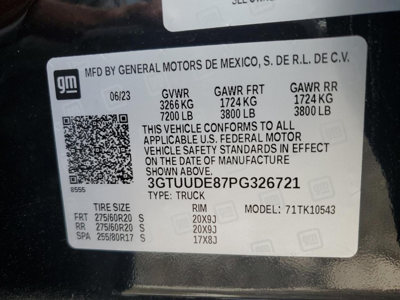 2023 GMC SIERRA K1500 SLT VIN:3GTUUDE87PG326721