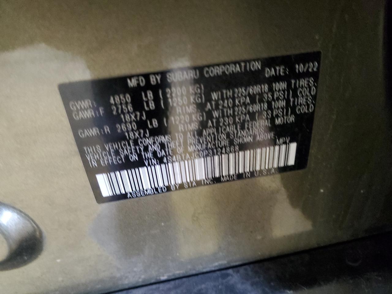 2023 SUBARU OUTBACK ONYX EDITION VIN:4S4BTAJC0P3124868