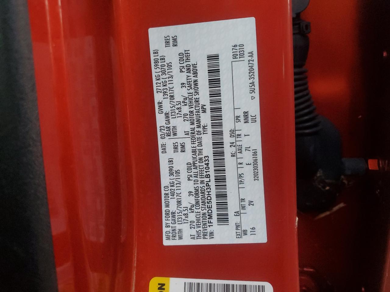 2023 FORD BRONCO BASE VIN:1FMDE5DH3PLB10433