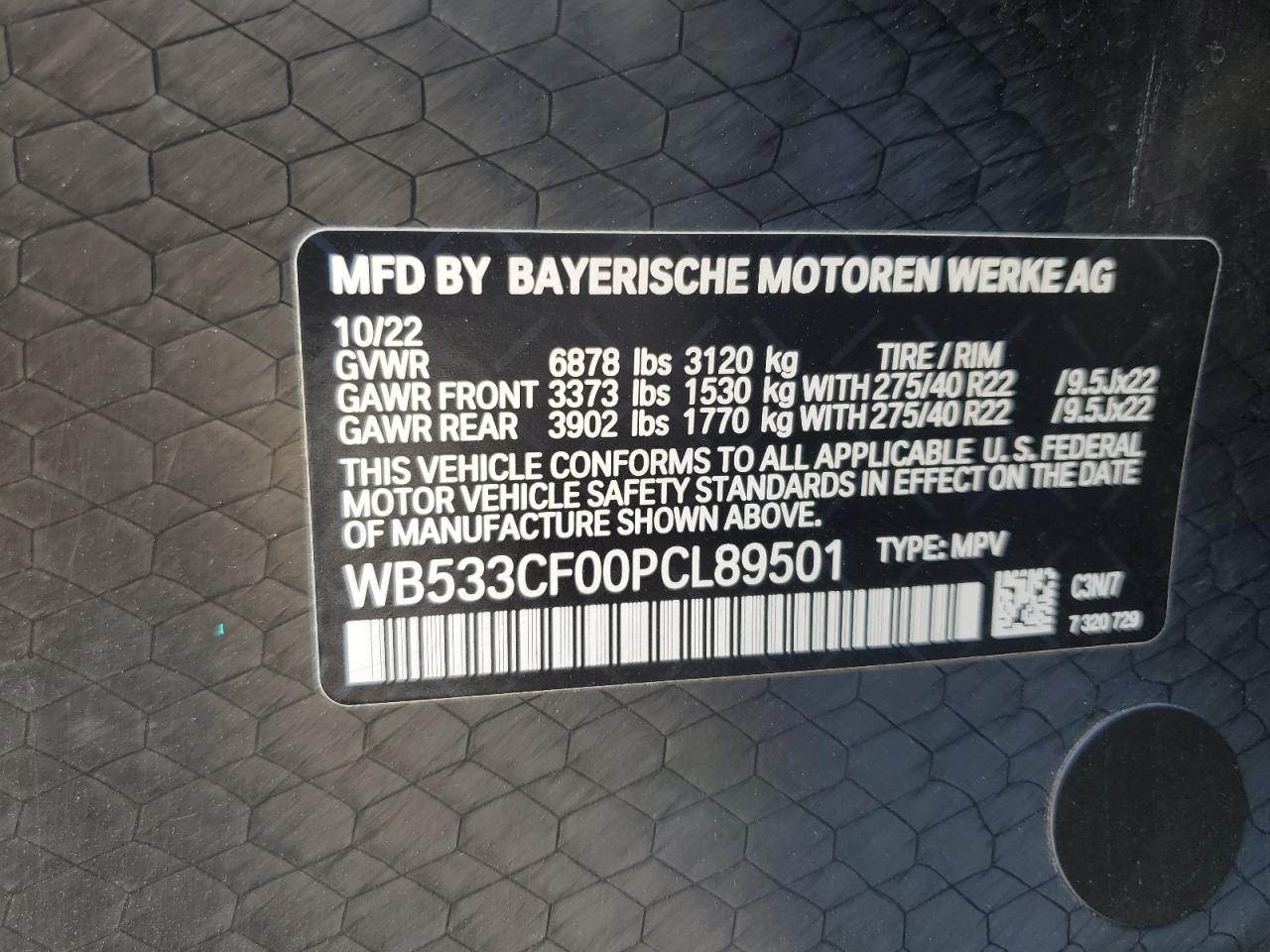 2023 BMW IX M60 VIN:WB533CF00PCL89501