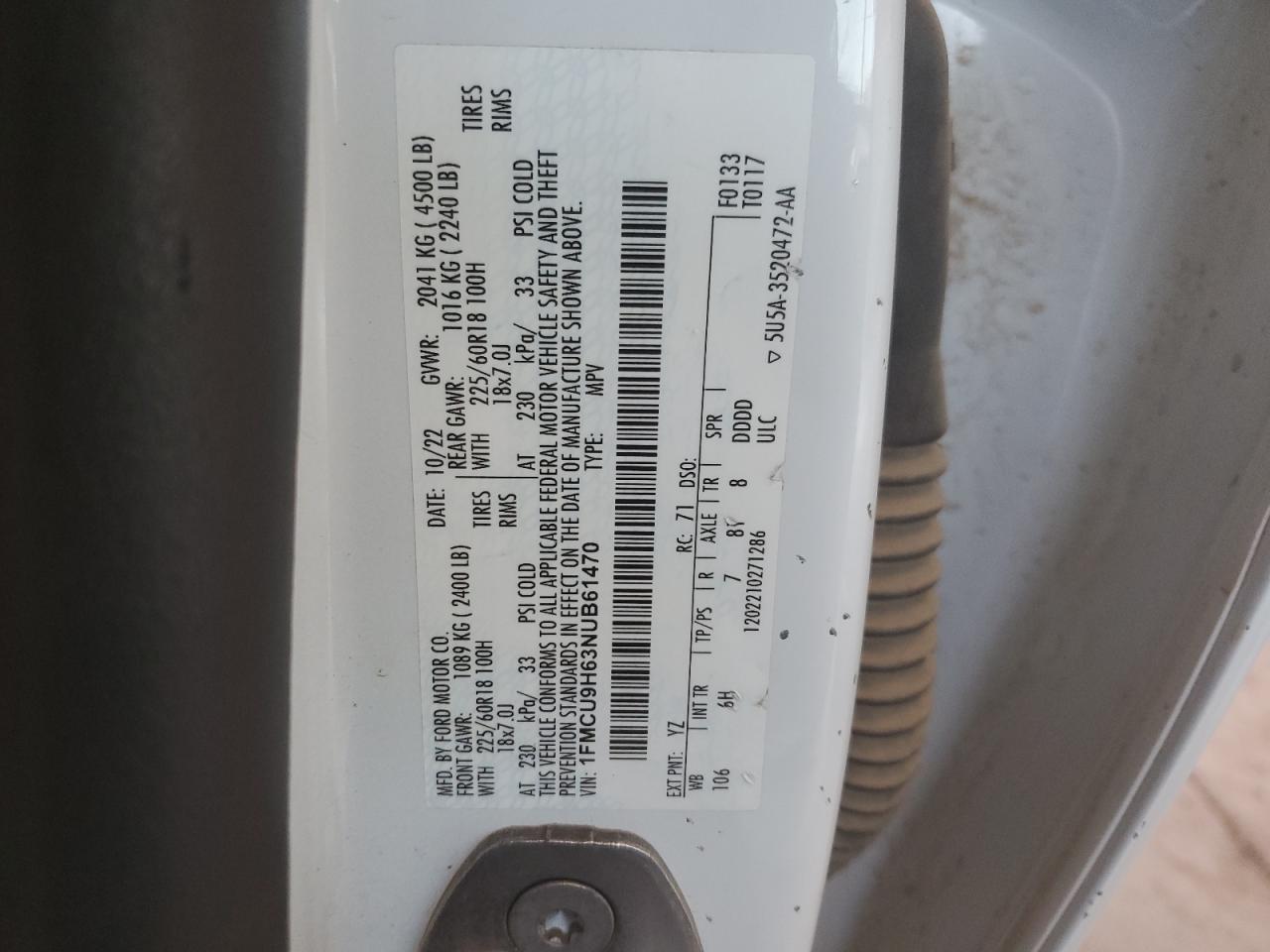 2022 FORD ESCAPE SEL VIN:1FMCU9H63NUB61470