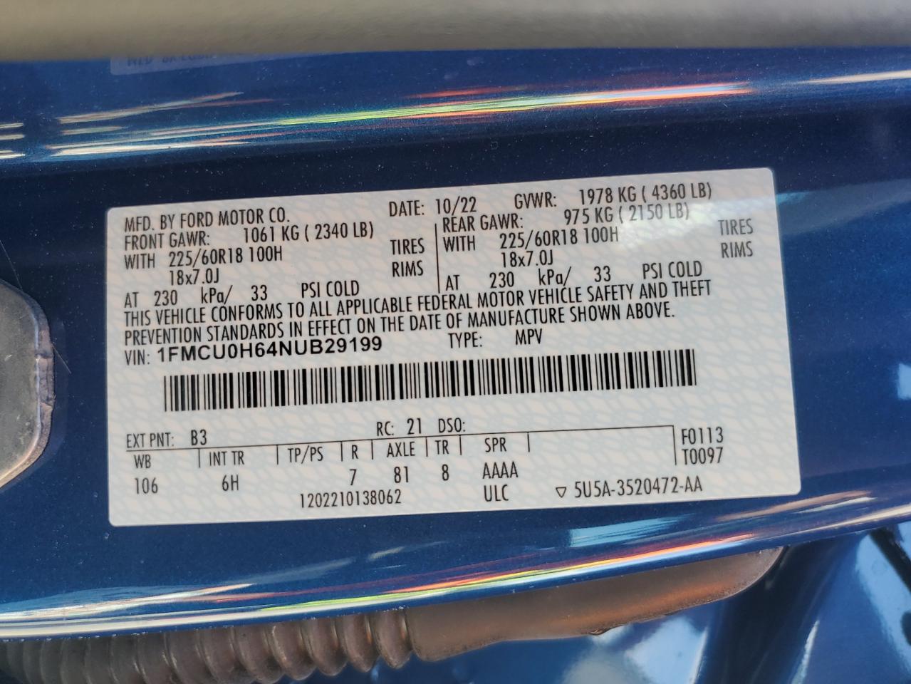 2022 FORD ESCAPE SEL VIN:1FMCU0H64NUB29199