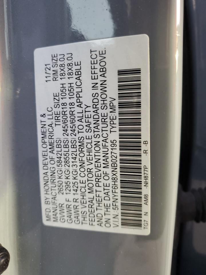 2022 HONDA PILOT TRAILSPORT VIN:5FNYF6H8XNB027195
