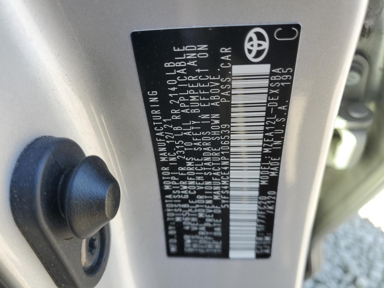 2022 TOYOTA COROLLA SE VIN:5YFS4MCE4NP106539