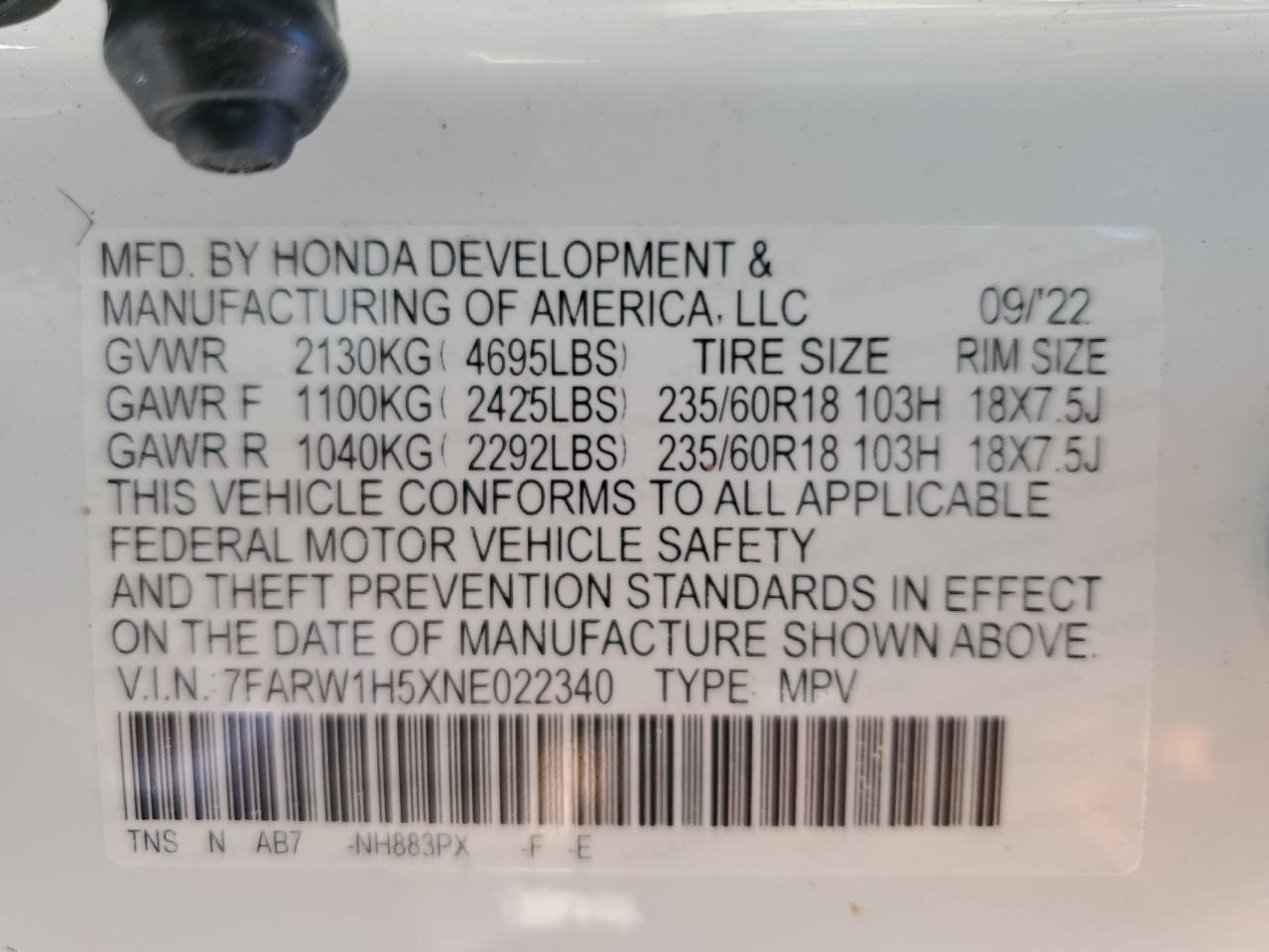 2022 HONDA CR-V EX VIN:7FARW1H5XNE022340