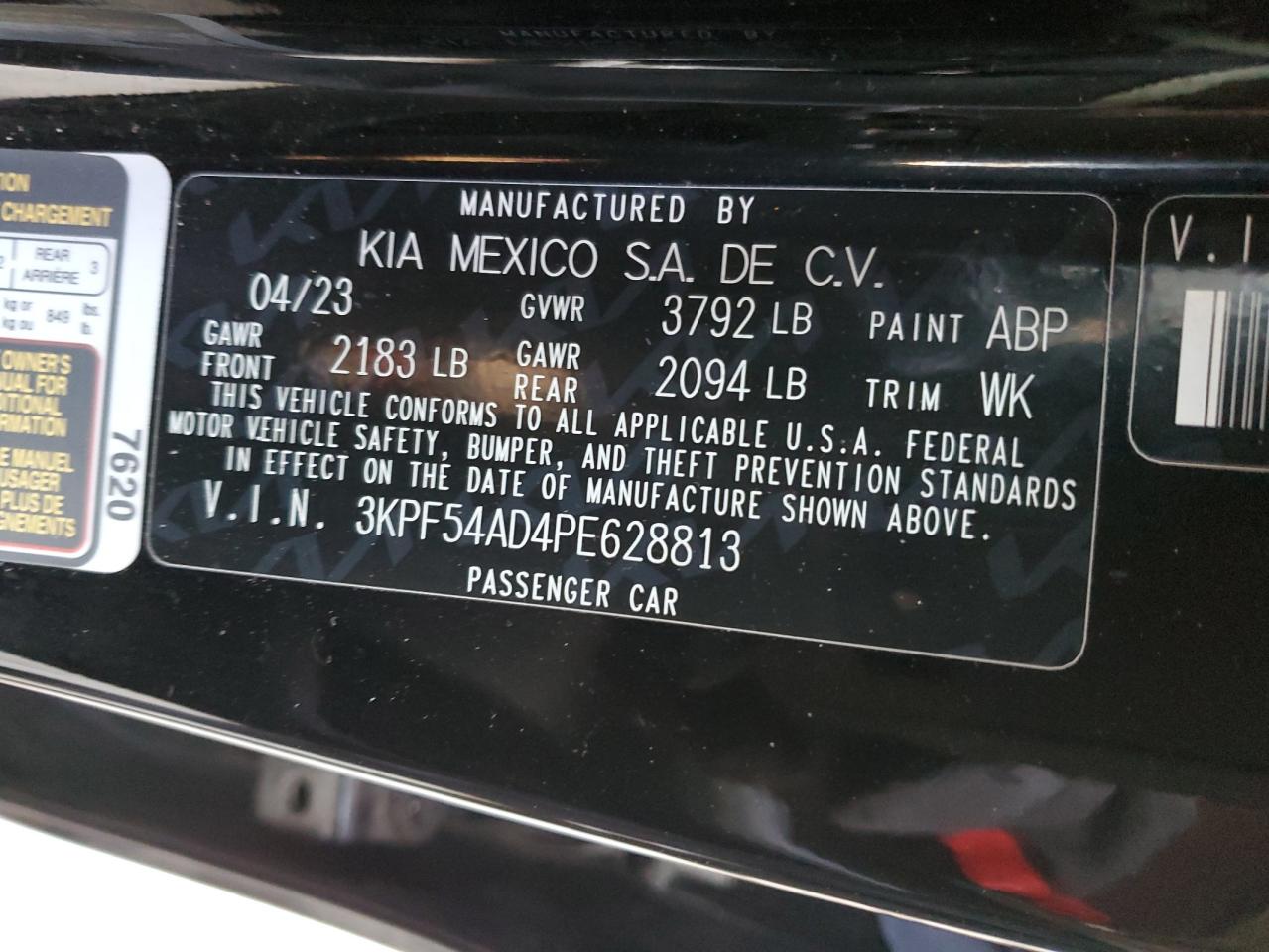 2023 KIA FORTE GT LINE VIN:3KPF54AD4PE628813