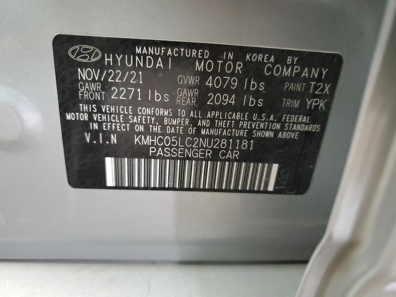 2022 HYUNDAI IONIQ LIMITED VIN:KMHC05LC2NU281181