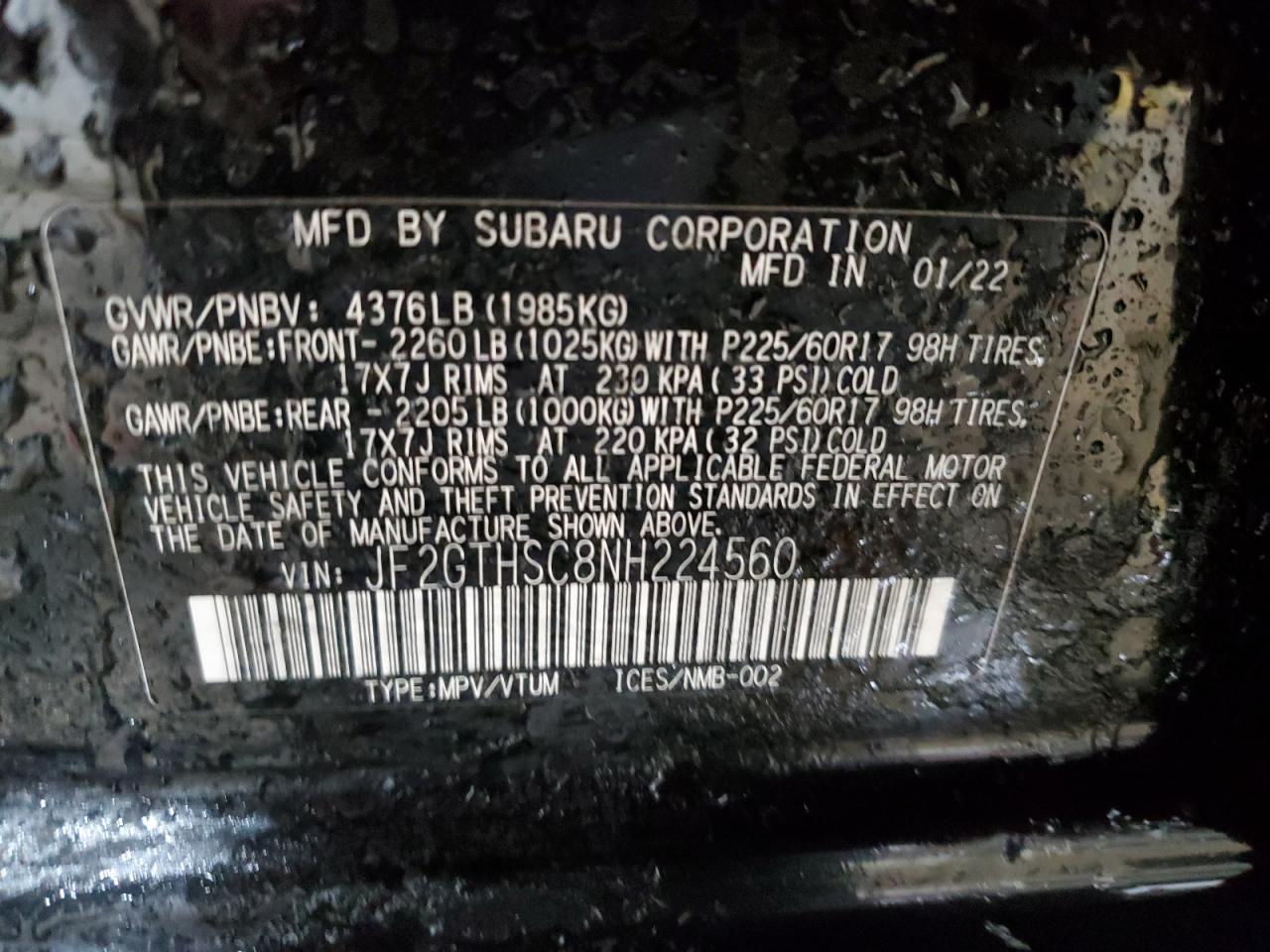 2022 SUBARU CROSSTREK SPORT VIN:JF2GTHSC8NH224560