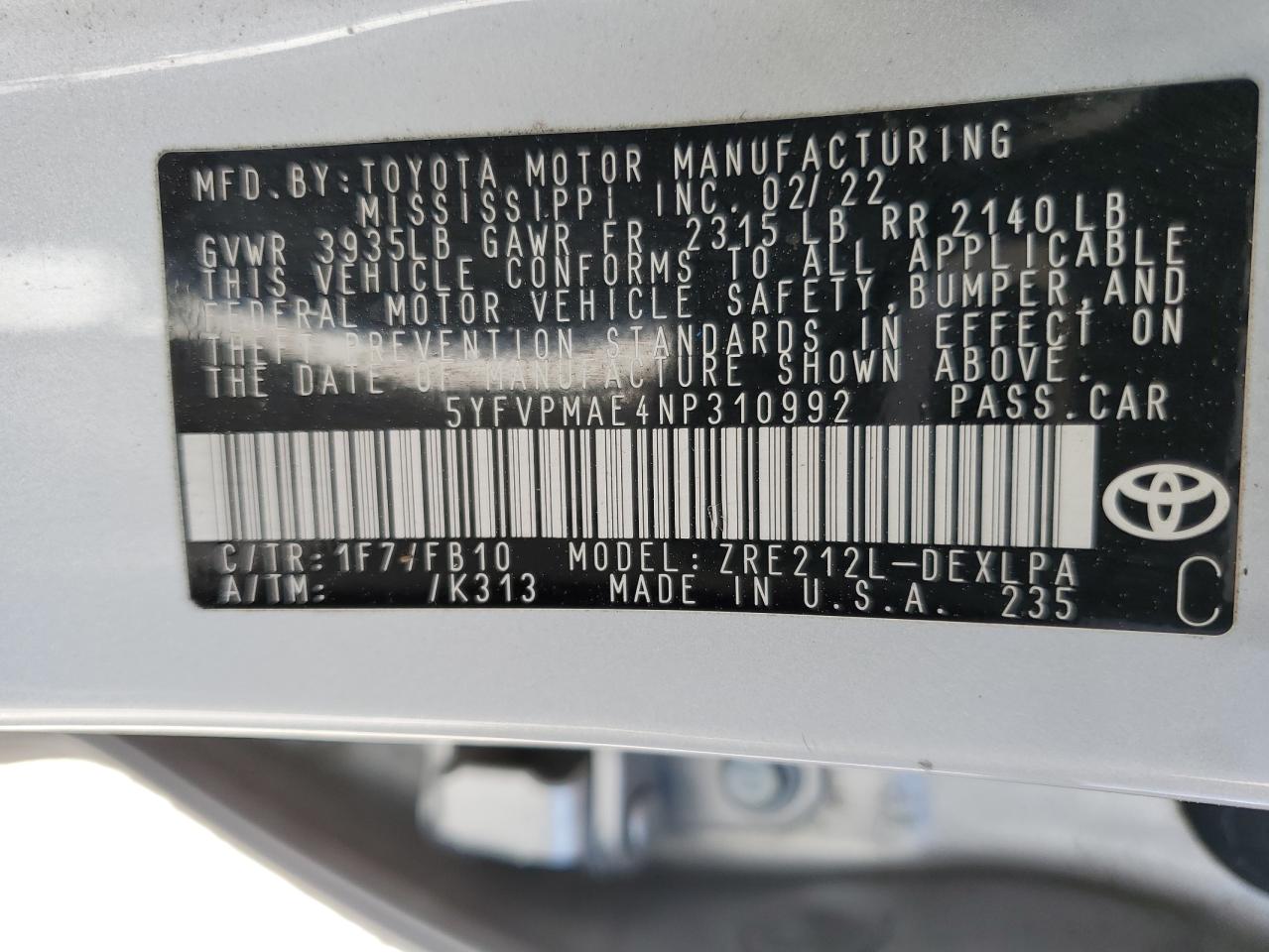 2022 TOYOTA COROLLA LE VIN:5YFVPMAE4NP310992