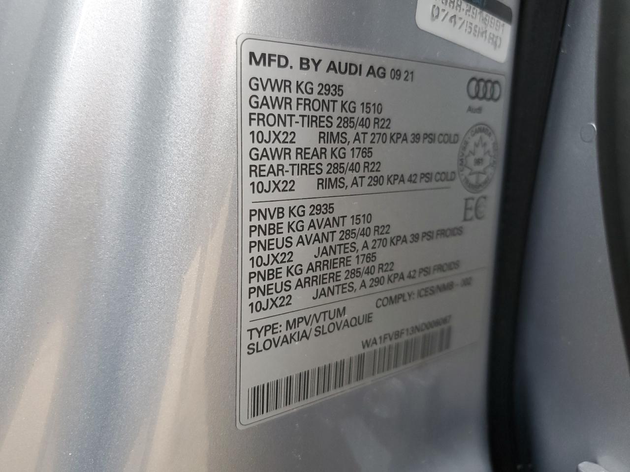 2022 AUDI Q8 PRESTIGE S-LINE VIN:WA1FVBF13ND006067