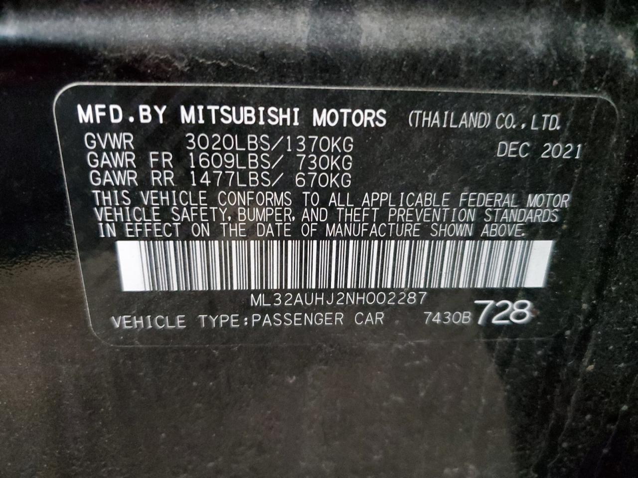 2022 MITSUBISHI MIRAGE ES VIN:ML32AUHJ2NH002287