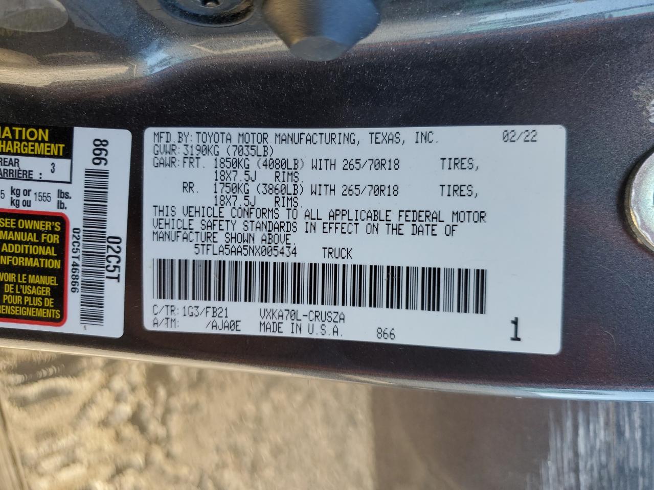 2022 TOYOTA TUNDRA DOUBLE CAB SR VIN:5TFLA5AA5NX005434
