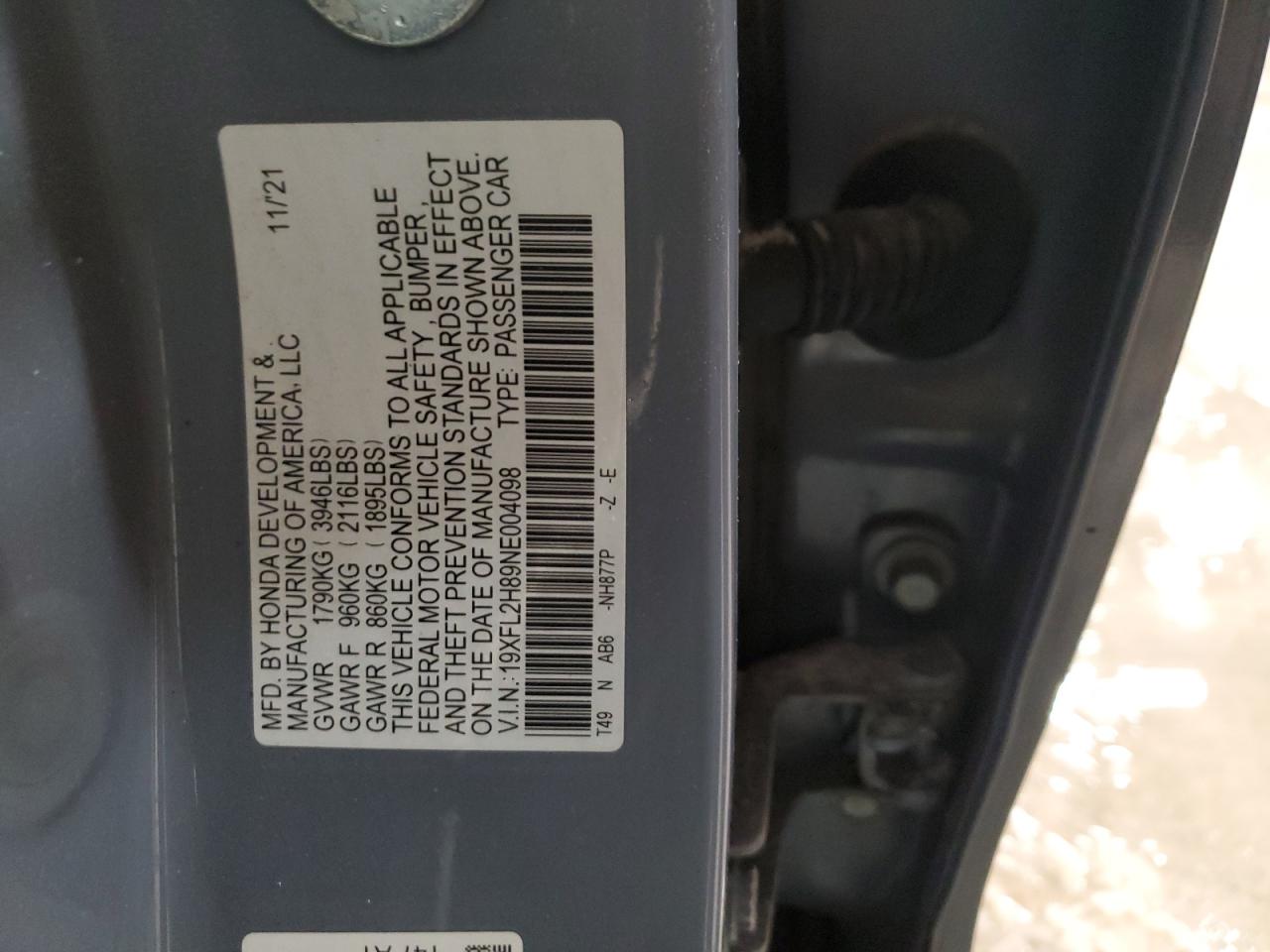 2022 HONDA CIVIC SPORT VIN:19XFL2H89NE004098