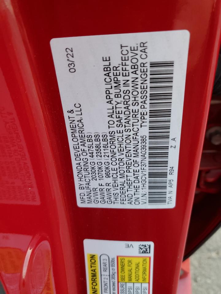 2022 HONDA ACCORD SPORT VIN:1HGCV1F37NA039385