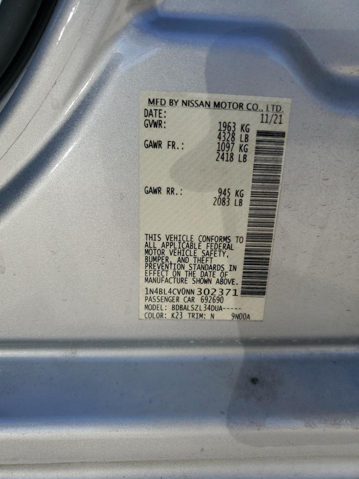 2022 NISSAN ALTIMA SR VIN:1N4BL4CV0NN302371