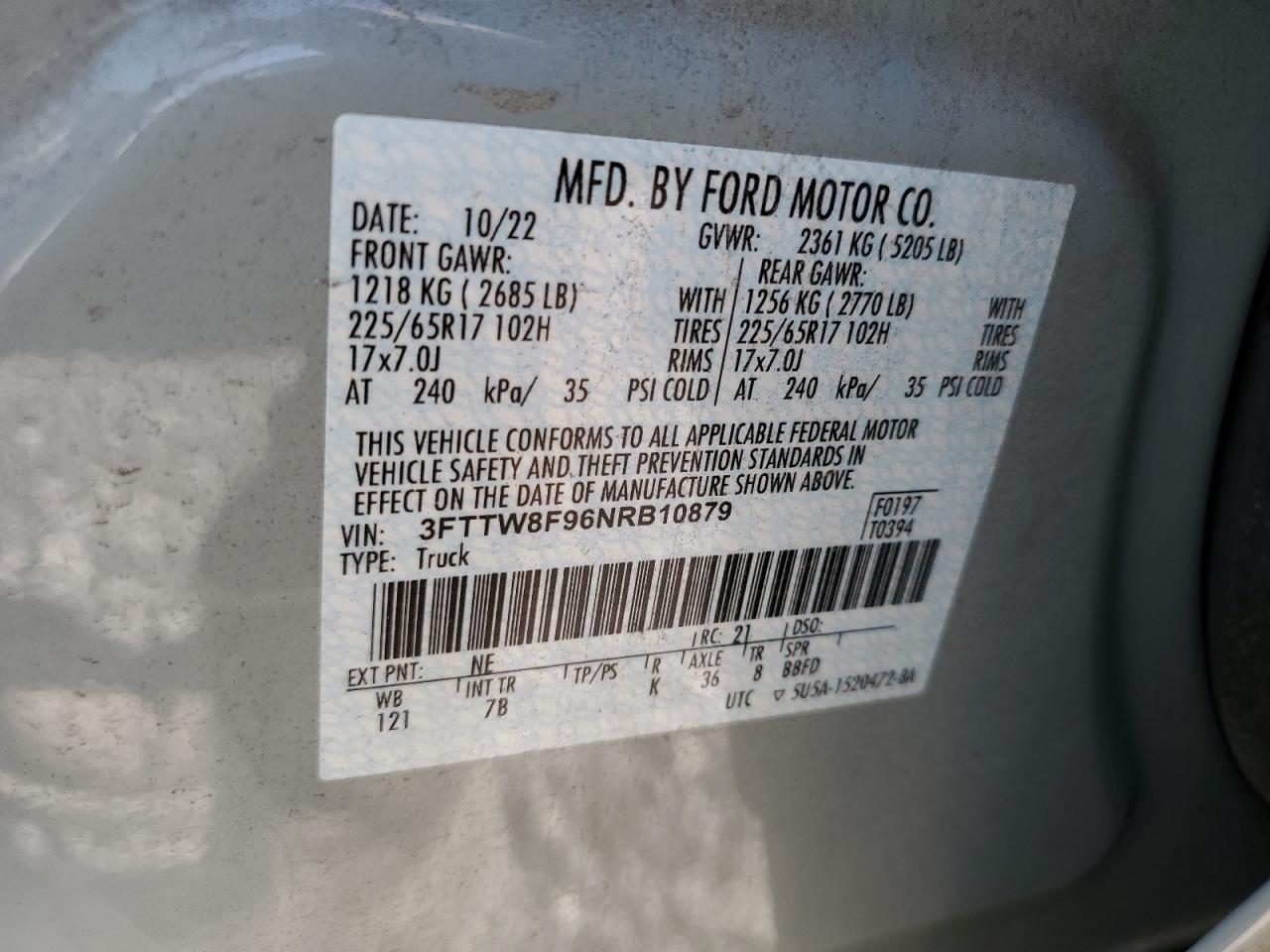 2022 FORD MAVERICK XL VIN:3FTTW8F96NRB10879