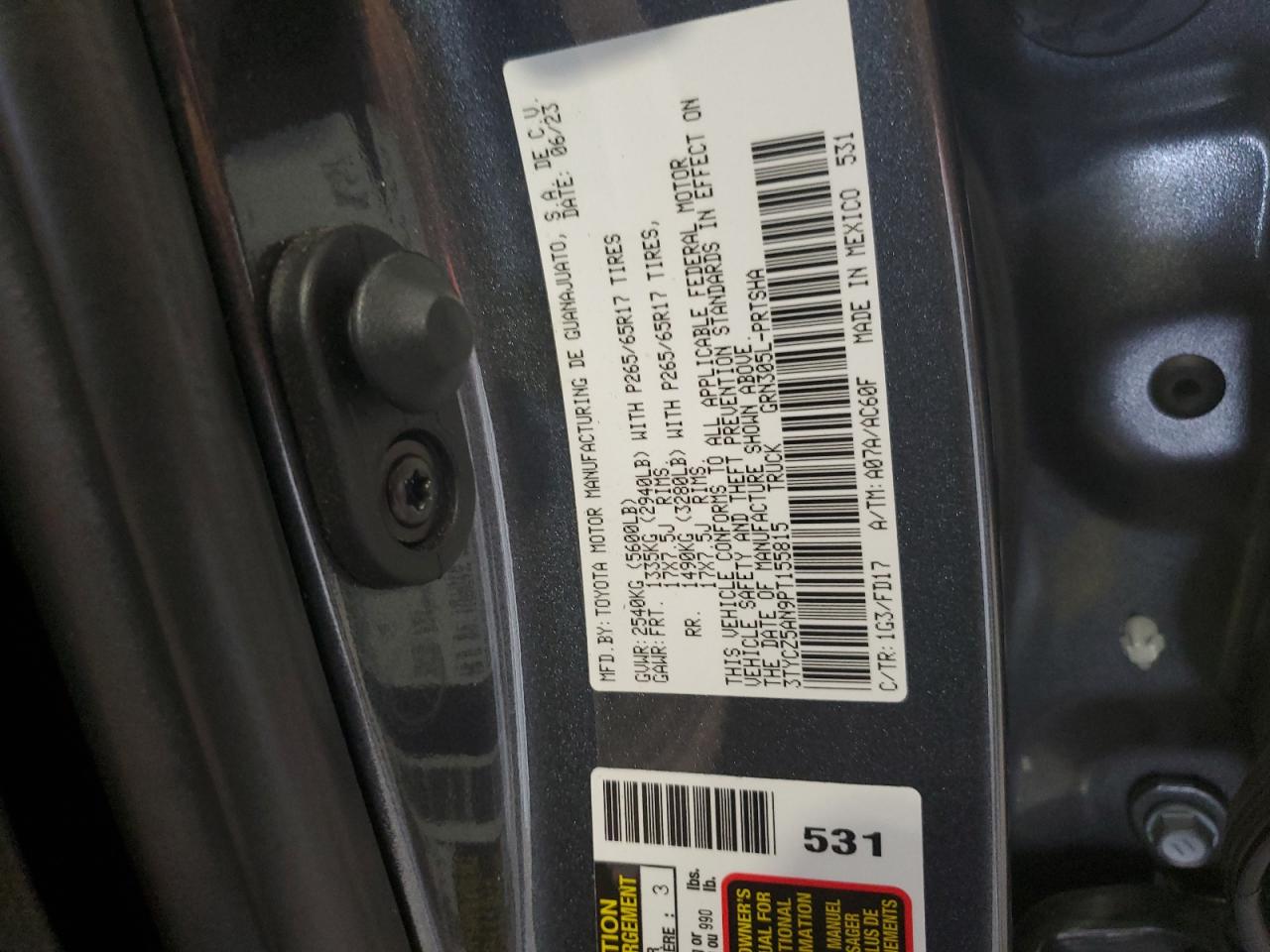 2023 TOYOTA TACOMA DOUBLE CAB VIN:3TYCZ5AN9PT155815