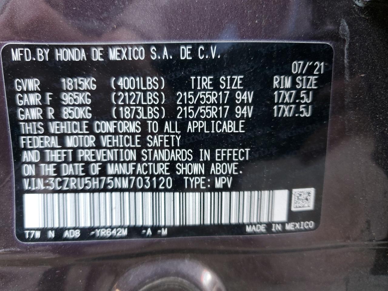 2022 HONDA HR-V EXL VIN:3CZRU5H75NM703120