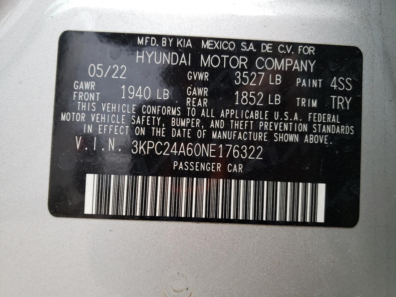 2022 HYUNDAI ACCENT SE VIN:3KPC24A60NE176322