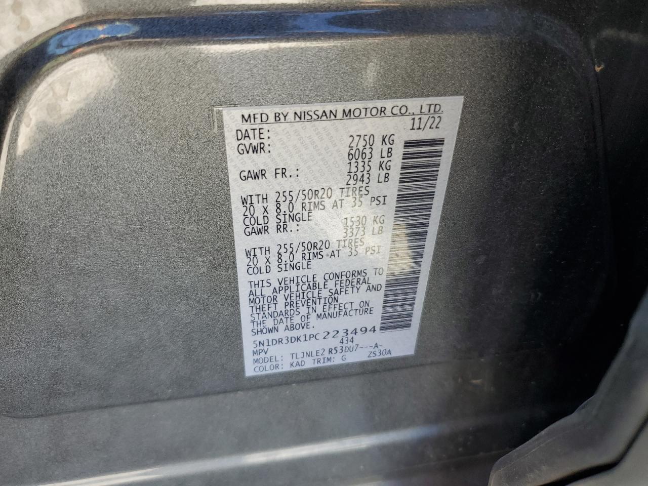 2023 NISSAN PATHFINDER PLATINUM VIN:5N1DR3DK1PC223494
