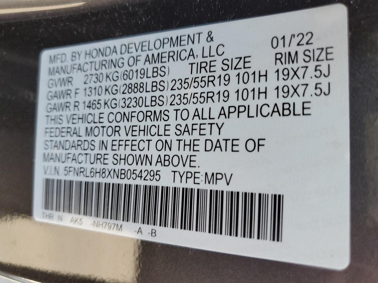 2022 HONDA ODYSSEY TOURING VIN:5FNRL6H8XNB054295