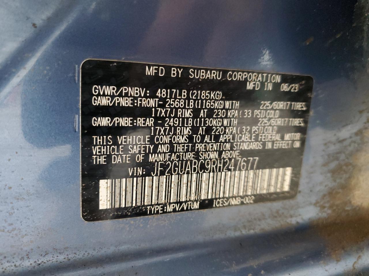 2024 SUBARU CROSSTREK  VIN:JF2GUABC9RH247677