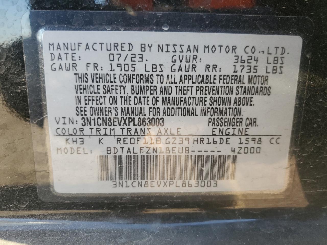 2023 NISSAN VERSA SV VIN:3N1CN8EVXPL863003