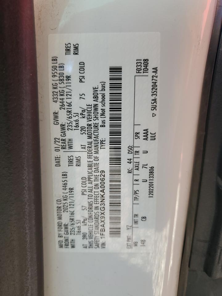 2022 FORD TRANSIT T-350 VIN:1FBAX9XG3NKA00629