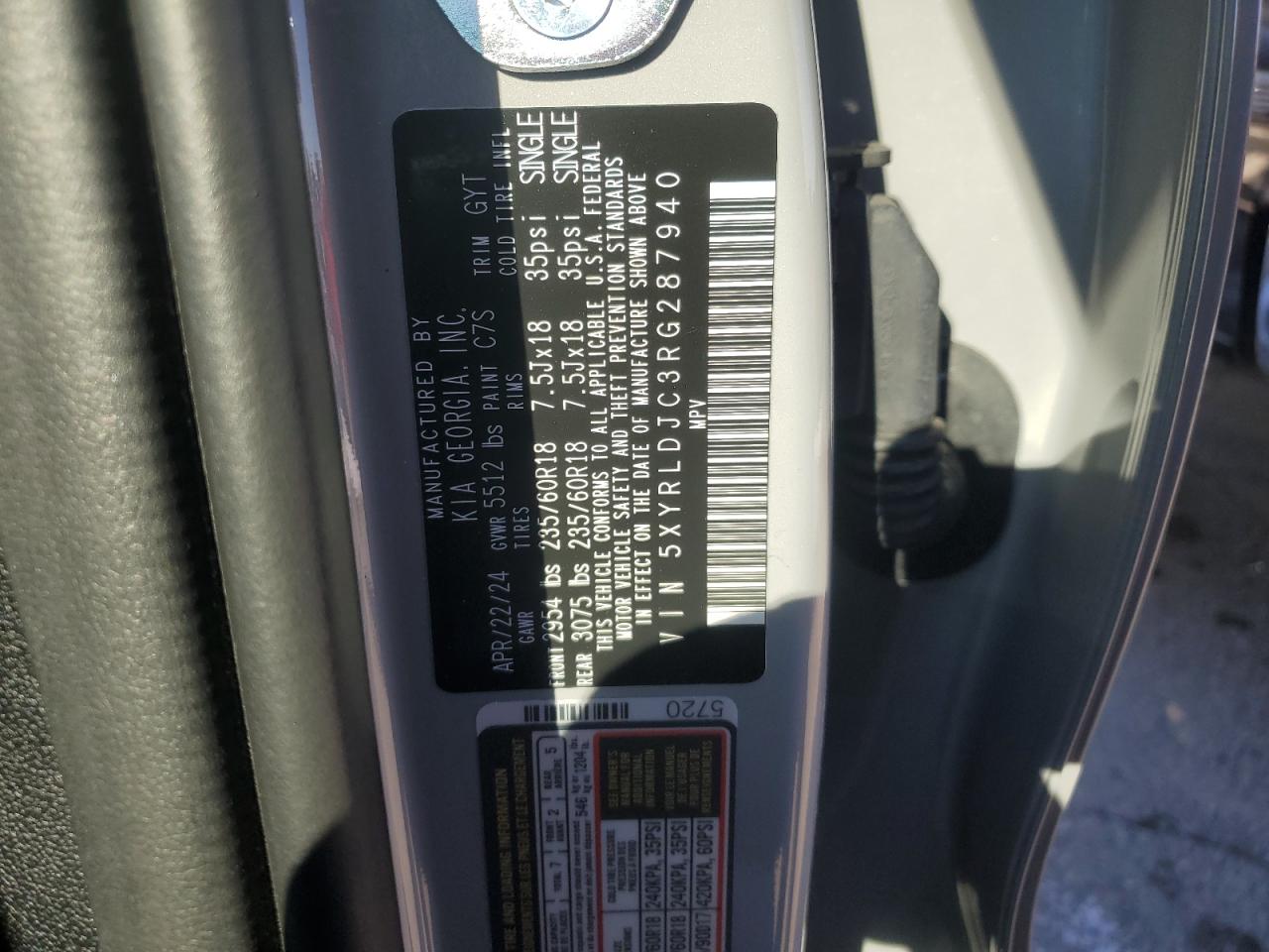 2024 KIA SORENTO S VIN:5XYRLDJC3RG287940