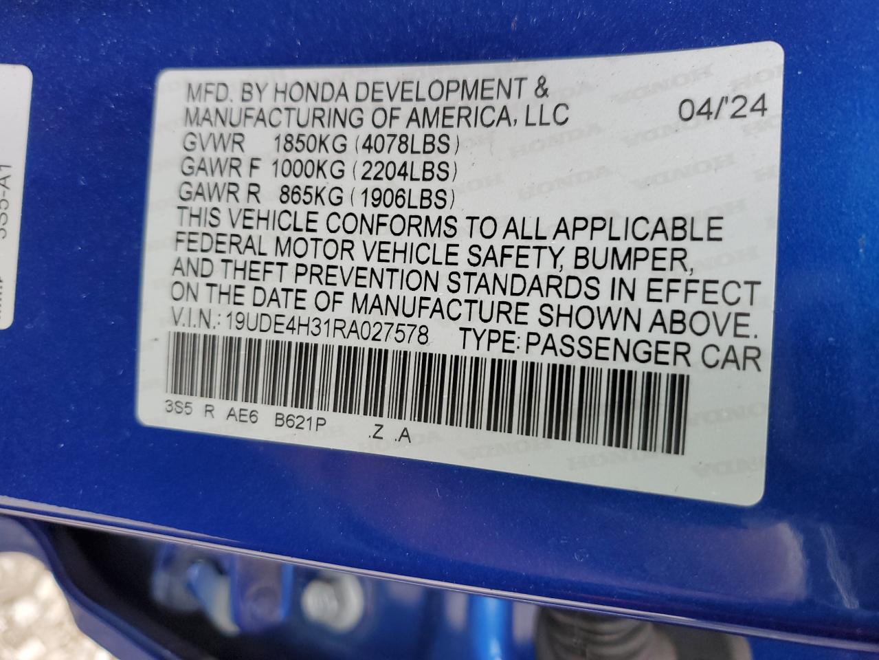 2024 ACURA INTEGRA A-SPEC VIN:19UDE4H31RA027578