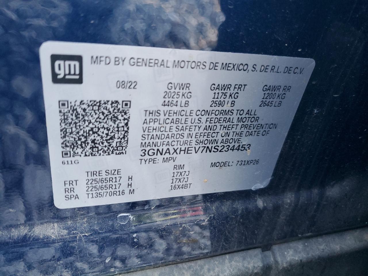 2022 CHEVROLET EQUINOX LS VIN:3GNAXHEV7NS234453