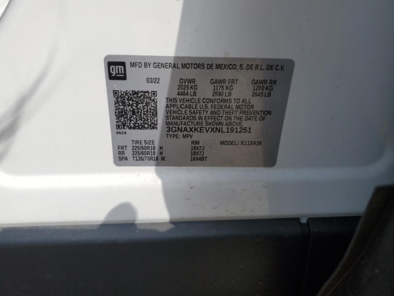 2022 CHEVROLET EQUINOX LT VIN:3GNAXKEVXNL191251