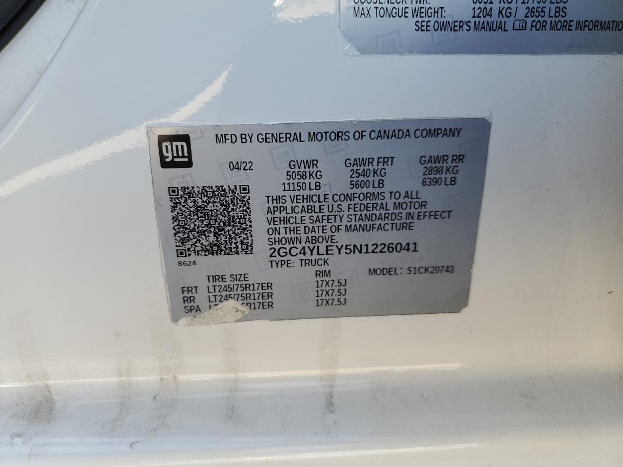 2022 CHEVROLET SILVERADO K2500 HEAVY DUTY VIN:2GC4YLEY5N1226041