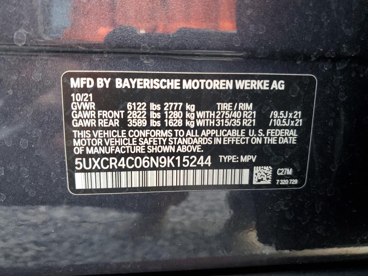 2022 BMW X5 SDRIVE 40I VIN:5UXCR4C06N9K15244