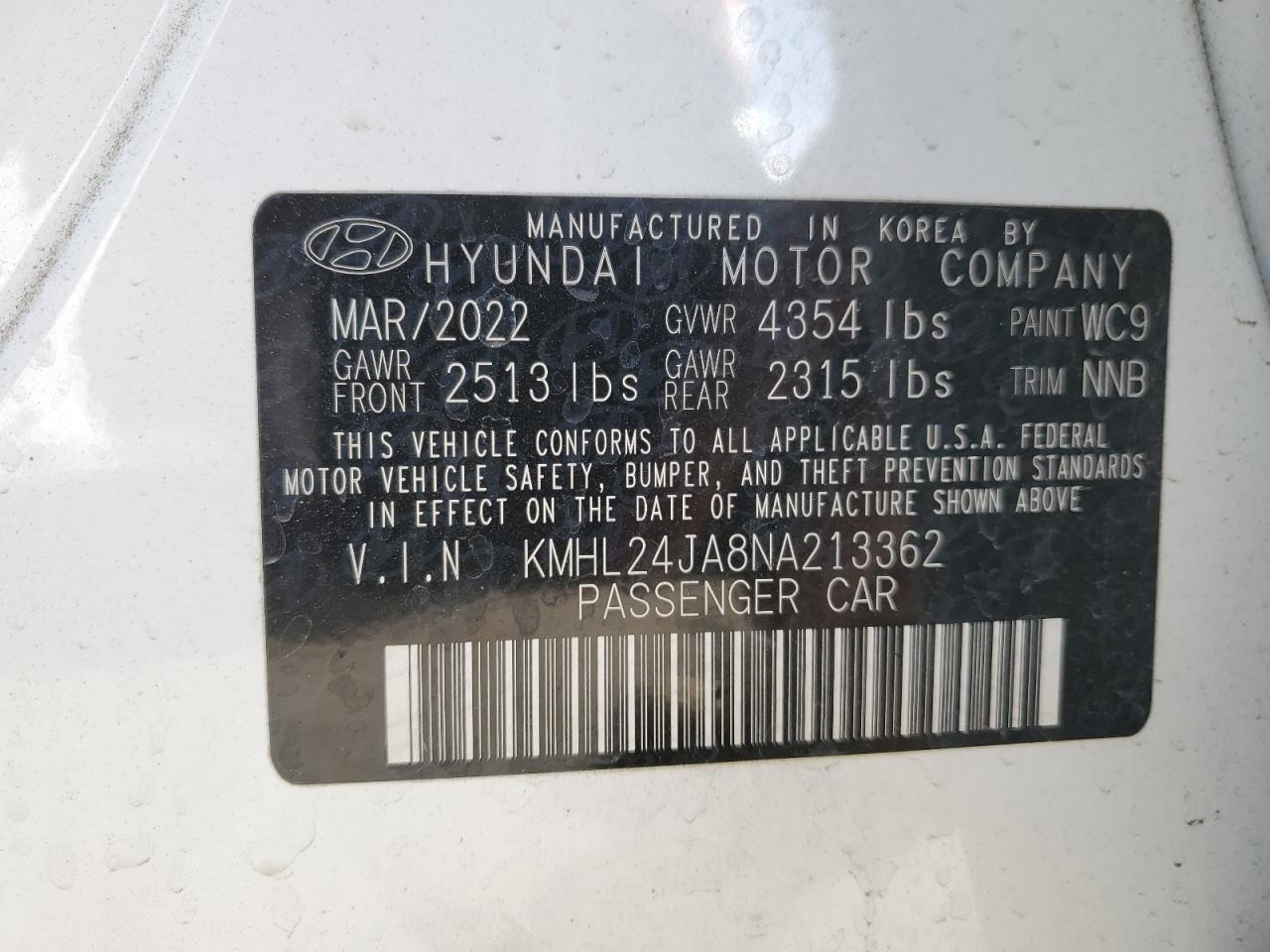 2022 HYUNDAI SONATA SE VIN:KMHL24JA8NA213362