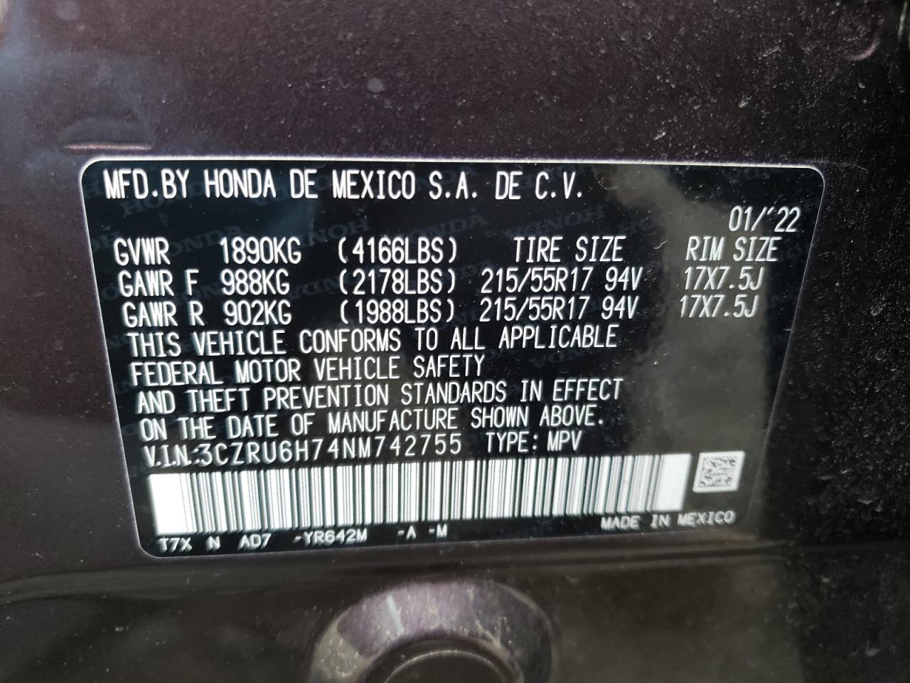 2022 HONDA HR-V EXL VIN:3CZRU6H74NM742755