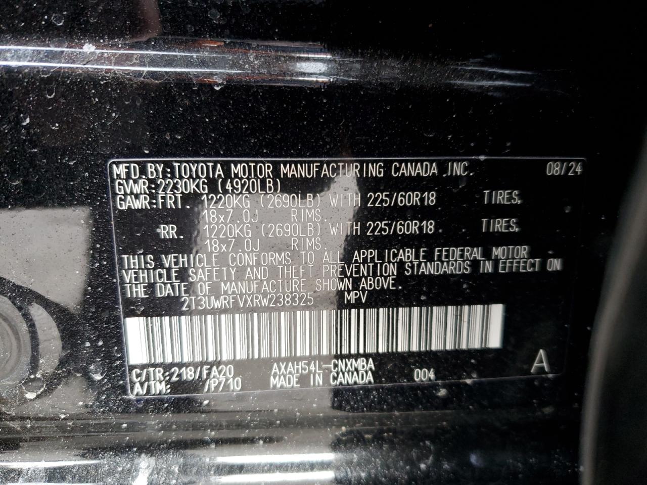 2024 TOYOTA RAV4 WOODLAND EDITION VIN:2T3UWRFVXRW238325