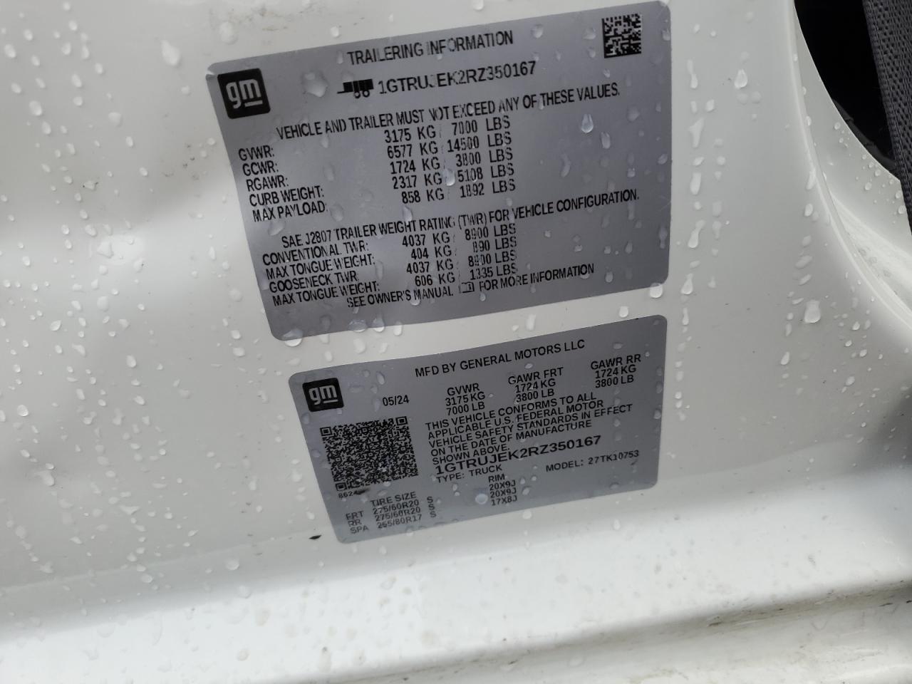 2024 GMC SIERRA K1500 ELEVATION-L VIN:1GTRUJEK2RZ350167