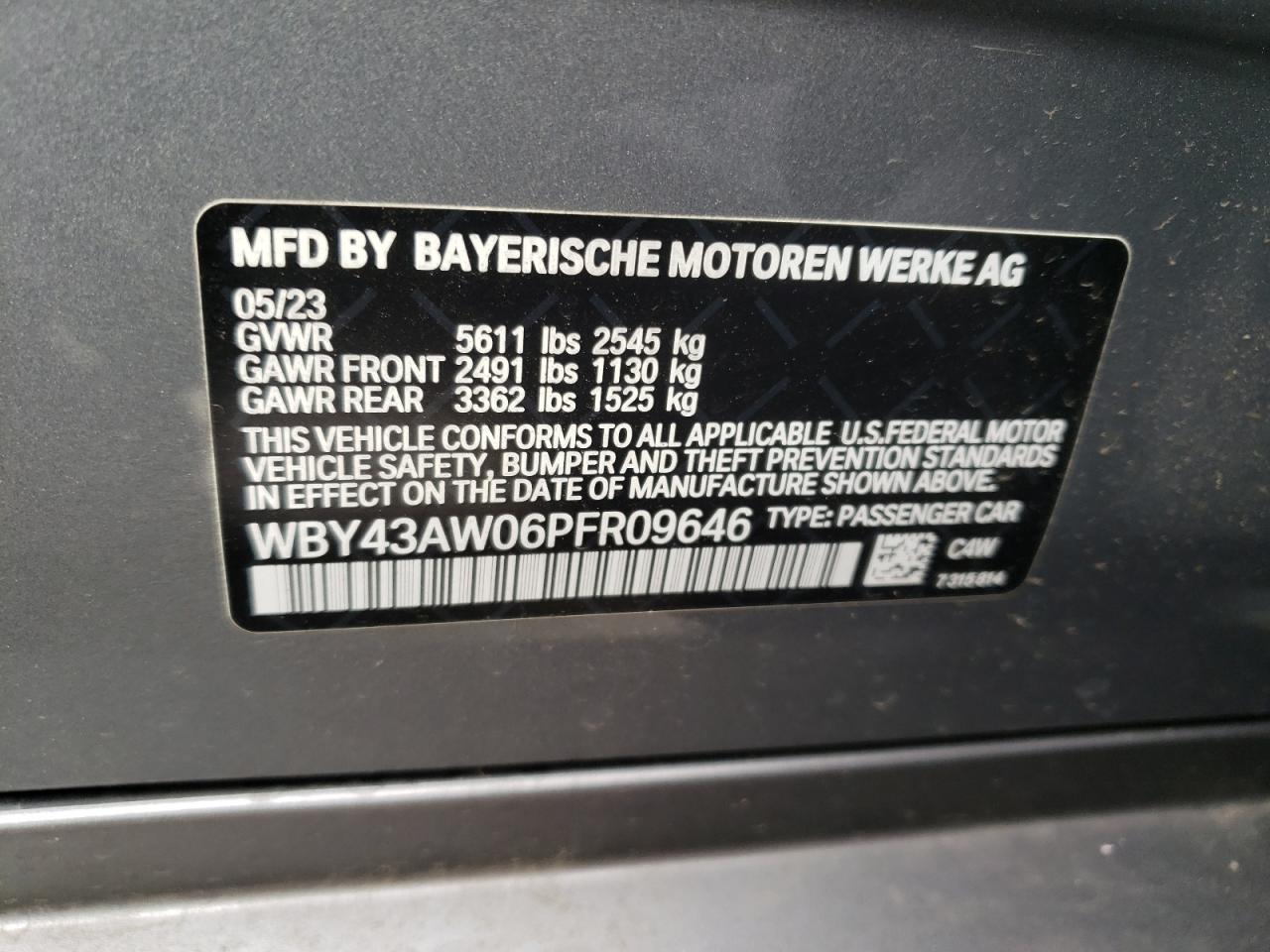 2023 BMW I4 EDRIVE 35 VIN:WBY43AW06PFR09646