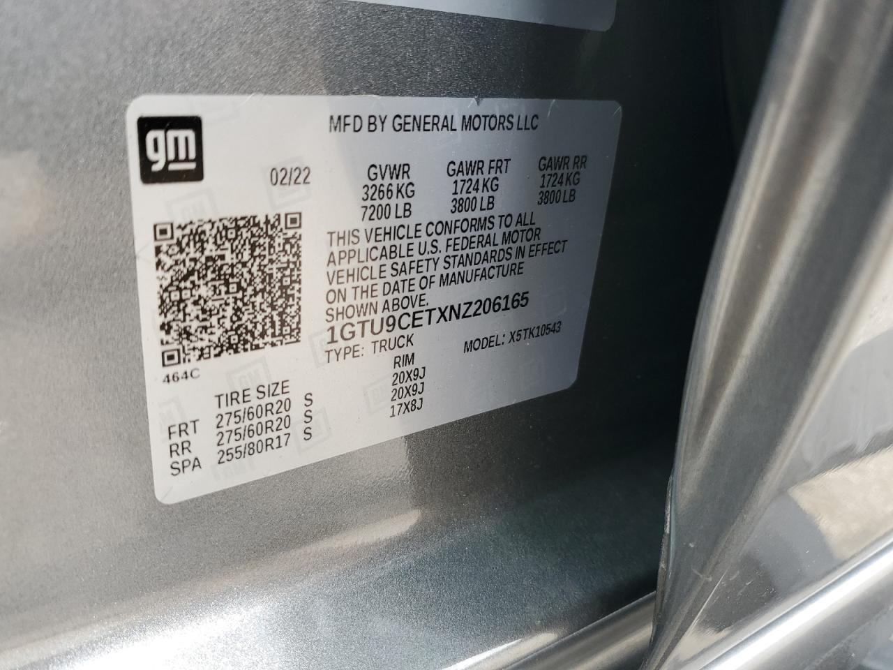 2022 GMC SIERRA LIMITED K1500 ELEVATION VIN:1GTU9CETXNZ206165