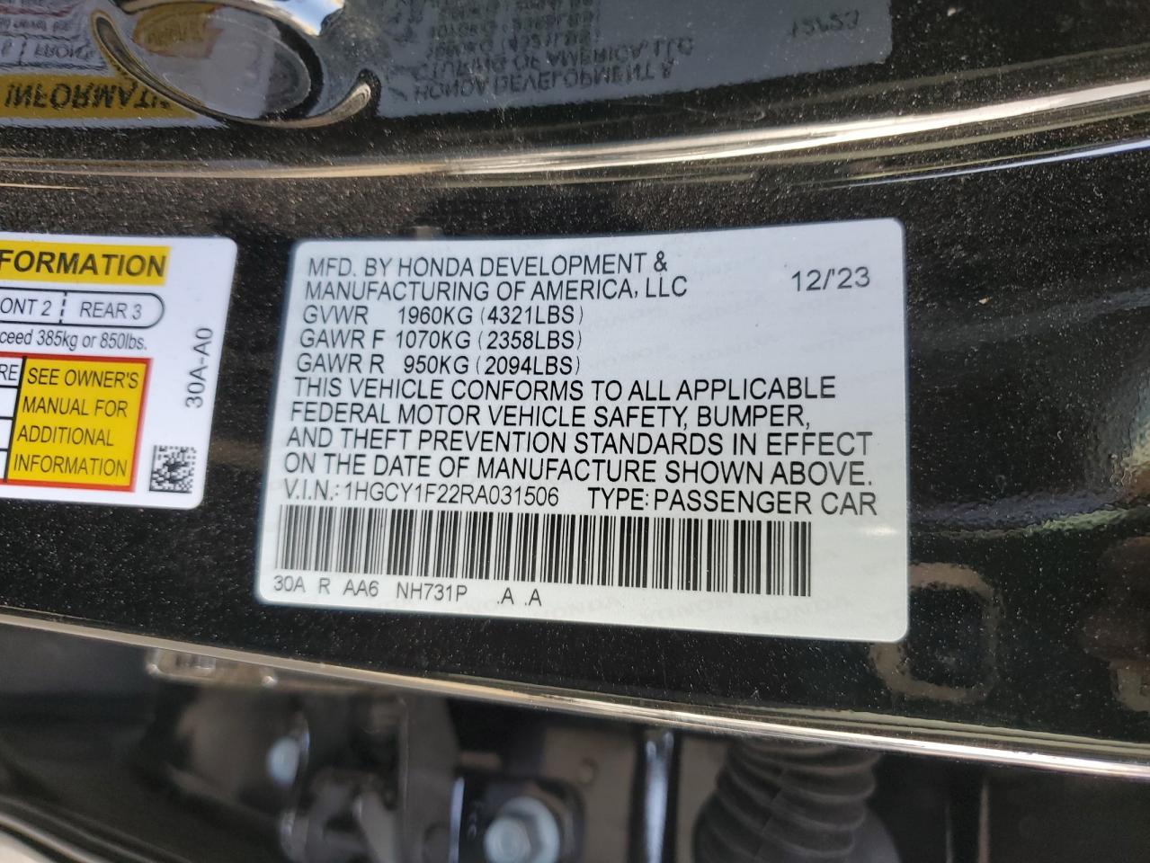 2024 HONDA ACCORD LX VIN:1HGCY1F22RA031506