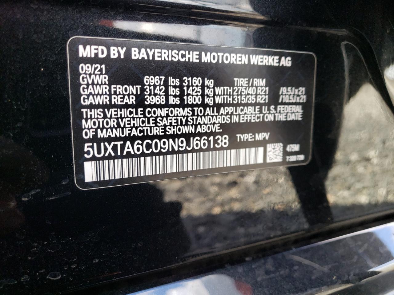 2022 BMW X5 XDRIVE45E VIN:5UXTA6C09N9J66138