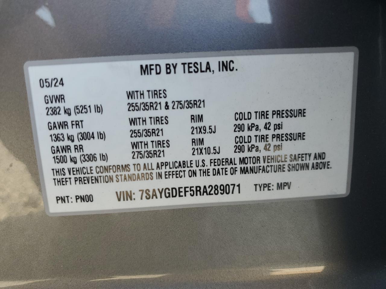 2024 TESLA MODEL Y VIN:7SAYGDEF5RA289071