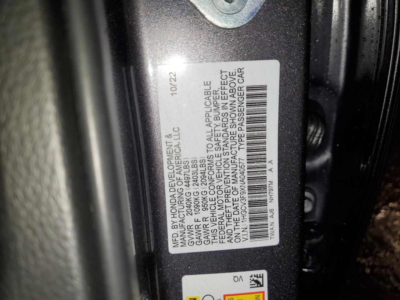 2022 HONDA ACCORD TOURING HYBRID VIN:1HGCV3F9XNA040577