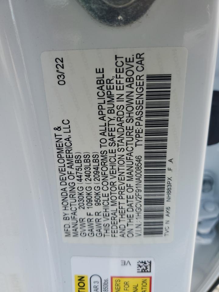 2022 HONDA ACCORD TOURING VIN:1HGCV2F91NA008546
