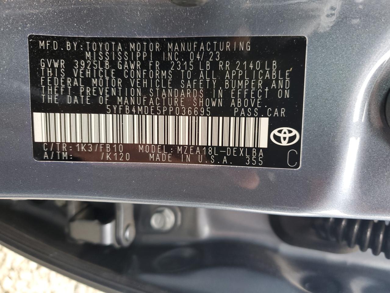 2023 TOYOTA COROLLA LE VIN:5YFB4MDE5PP036695