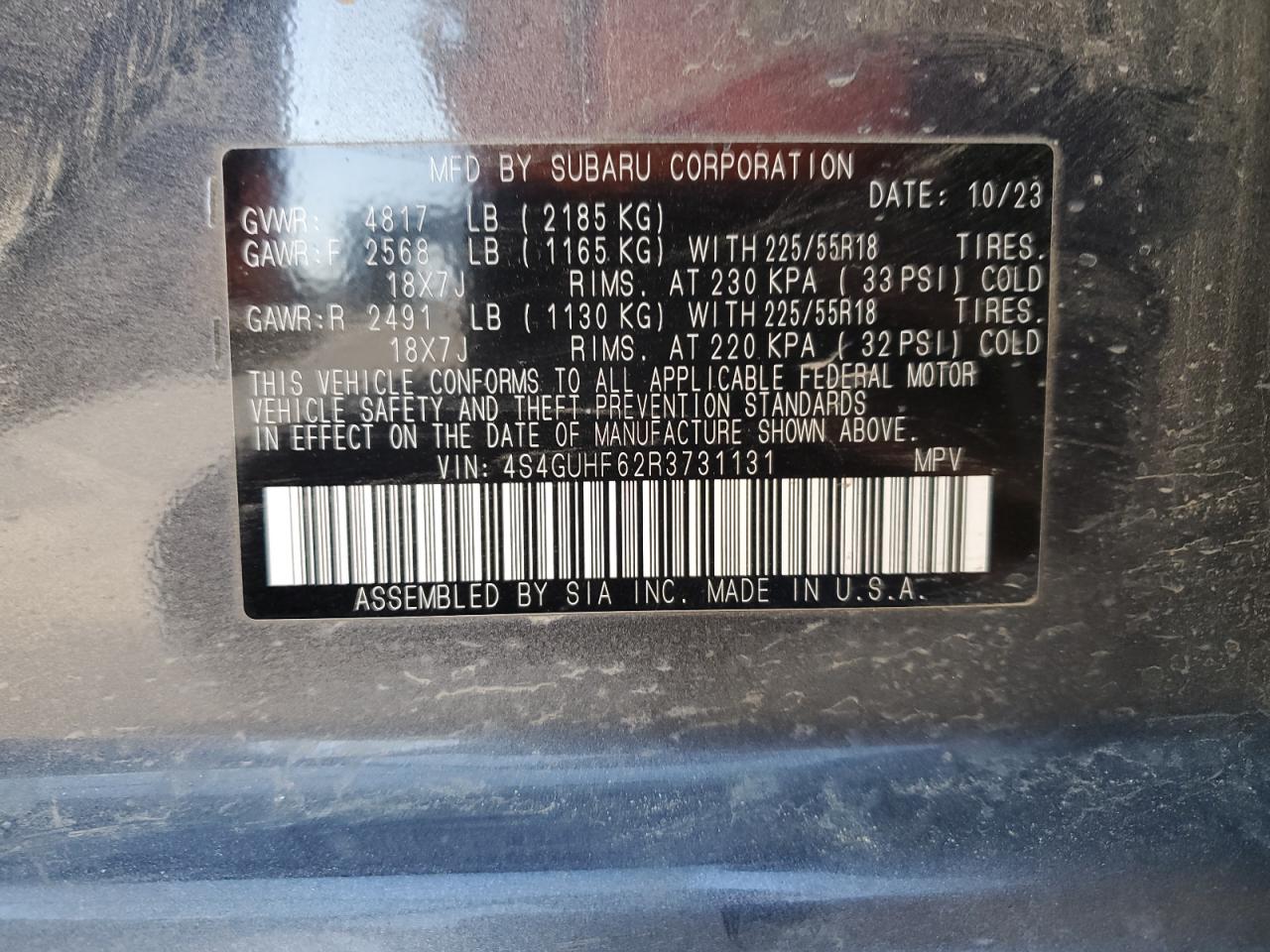 2024 SUBARU CROSSTREK SPORT VIN:4S4GUHF62R3731131