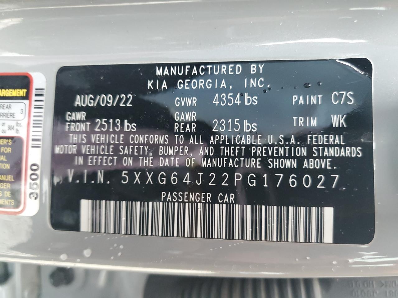 2023 KIA K5 GT LINE VIN:5XXG64J22PG176027